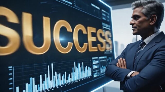 Businessman interacts with futuristic financial data interface