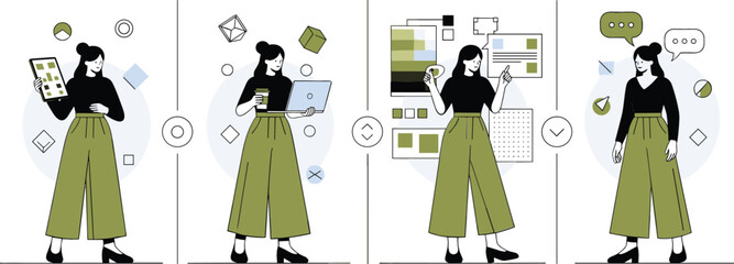 Creative female graphic designer character in various poses using tablet and laptop for digital design process flat vector illustration © Bappi