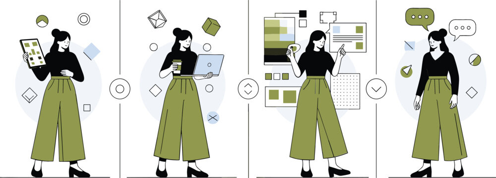 Creative female graphic designer character in various poses using tablet and laptop for digital design process flat vector illustration