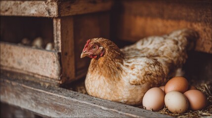 Close-Up of a Laying Hen Nestled Among Fresh Eggs in a Rustic Barn Setting, Capturing the Essence of Farming and Organic Living with Natural Textures and Warm Lighting
