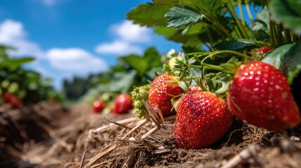 Fresh and Juicy Strawberries Growing in a Field with Lush Green Leaves Under a Bright Blue Sky on a Sunny Day in a Natural Agricultural Setting