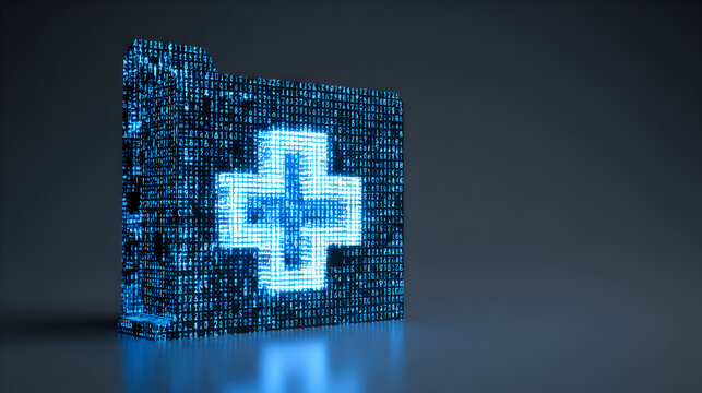 Glowing Blue Futuristic Digital Medical First Aid Kit Icon In Data Network
