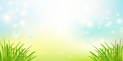 Naklejka premium Spring background with green grass butterflies and clear blue sky in bright daylight. EPS 10