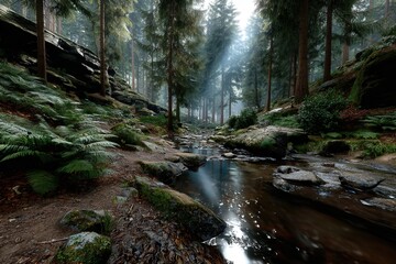 Obraz premium Wide angle landscape of ancient forest with sunlight filtering through canopy onto winding stream and mossy rocks in peaceful atmosphere.