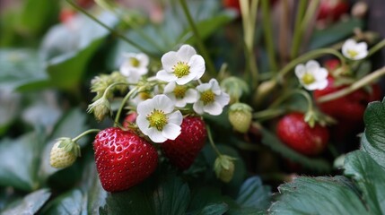 Fresh strawberries with delicate white flowers and green leaves showcasing organic farming in a vibrant garden setting during daylight hours