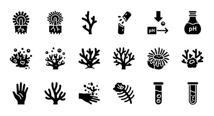 Fototapeta premium Collection of black icons representing various marine life and scientific elements on a plain background