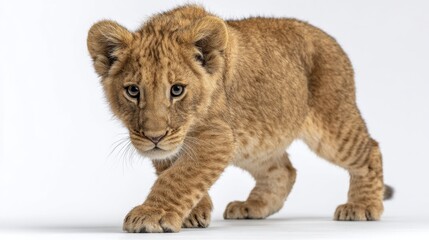 Obraz premium Playful Young Lion Cub Walking Gracefully on White Background, Capturing the Essence of Wildlife and Natural Beauty in a Studio Setting