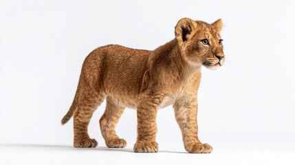 Obraz premium A playful young lion cub stands on a white background showcasing its adorable features, highlighting its golden fur, bright eyes, and curious nature, perfect for wildlife and animal lovers.