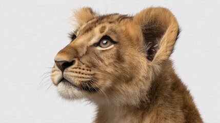 Obraz premium Close-Up Profile of a Young Lion Cub Against a Plain Studio Background, Highlighting Its Soft Fur, Adorable Expression, and Curious Gaze in Eye-Catching Detail