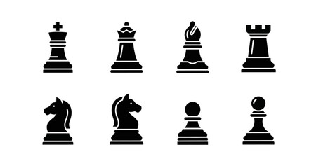Set of black chess pieces icons on a white background viewed from the front © Shabana