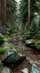 Fototapeta premium Wide angle landscape of ancient forest with sunlight filtering through canopy onto winding stream and mossy rocks in peaceful atmosphere.