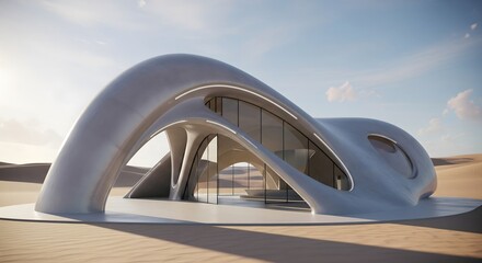 Fototapeta premium Striking curvilinear architecture with innovative design in a remote desert landscape, embodying futuristic vision and modern aesthetics