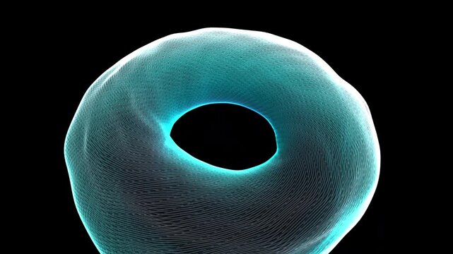 Seamless 4K procedural VJ loop of a glowing bioluminescent toroidal silk matrix rotating in 3D space. Perfect for Resolume, EDM stage visuals, projection mapping, and tech backgrounds.
