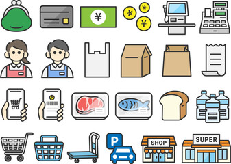 Fototapeta premium いろいろな、スーパーマーケット関連のアイコン（線画カラー）のイラストセット