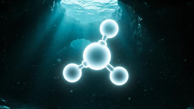 Underwater Molecular Structure: An intricate, glowing molecular structure floats serenely in the deep, offering a captivating glimpse into the unseen, submerged in an abyss of knowledge.