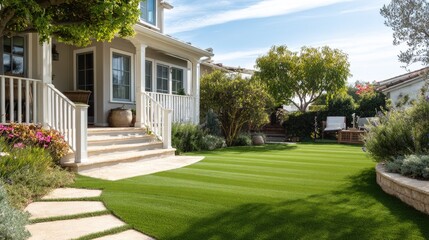 Lush Green Lawn with Garden Pathway and Charming House Exterior Under Clear Sky, Ideal for Outdoor Living and Landscaping Inspirations