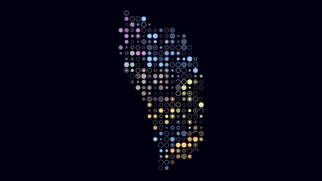 Dominica map animation. Shape of the country with pulsating colored dots. Large size circle blocks. Digital style Dominica map on dark background. Trending video.