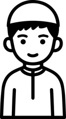 Obraz premium Smiling boy wearing traditional Muslim cap and kurta Black and white vector illustration 