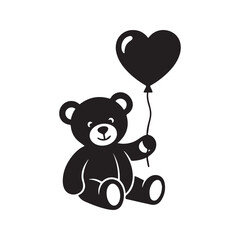 Obraz premium Cute black and white vector silhouette of a teddy bear sitting and holding a heart balloon 