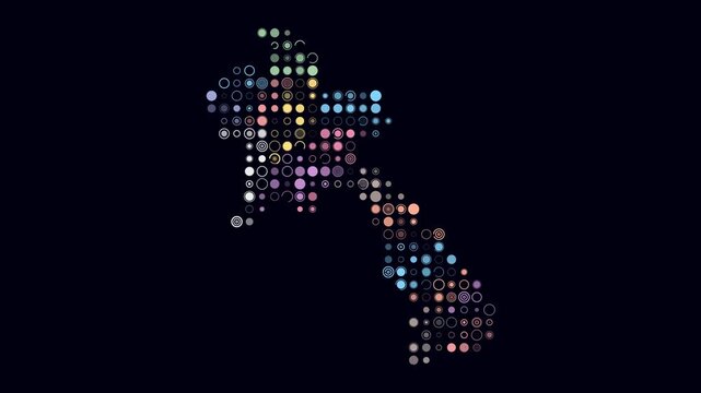 Laos animated country shape. Pulsating colored dots on the map of the country. Large size circle blocks. Digital style Laos map on dark background. Vibrant animation video.