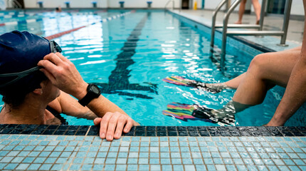 Swimmer adjusting goggles preparing for training in pool