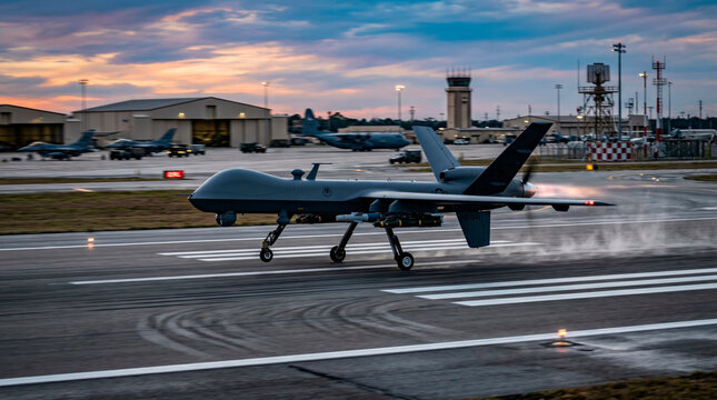Mq-9 reaper drone preparing for takeoff at sunset