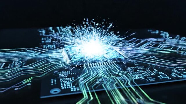Digital Network Data Flowing Over Computer Chip