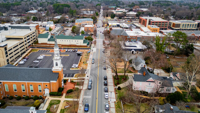 View of church on Main Street in small town American South 