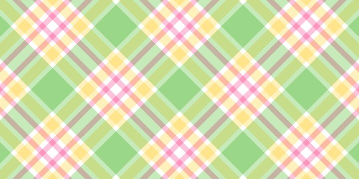 Seamless diagonal tartan plaid pattern in pastel green, pink, and yellow. Fresh spring aesthetic check background for textiles, wrapping paper, and cheerful digital wallpaper design.