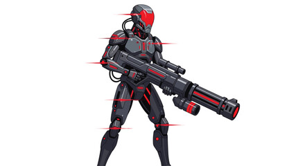 Naklejka premium A futuristic dark grey and red armored robot with glowing lines stands holding a large heavy weapon against a stark white background.