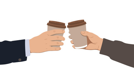 Obraz premium Two distinct hands, one in a suit sleeve, are depicted in a toasting gesture, each holding a light brown disposable coffee cup.