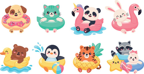 Obraz premium Cute animals swimming with inflatable rings and pool floats, happy summer beach characters, playful cartoon pets and wildlife, colorful flat vector illustration set