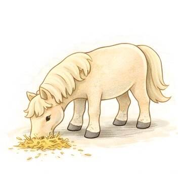 Niedliches helles Pony beim Fressen von Heu als pastellfarbene Kinderillustration