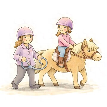 M&auml;dchen beim Ponyreiten mit Begleitperson als niedliche Kinderillustration