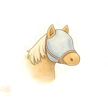 Niedlicher Ponykopf mit blonder M&auml;hne und hellblauer Fliegenmaske