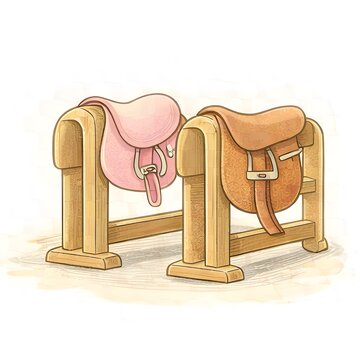 Zwei Pferdes&auml;ttel auf h&ouml;lzernen Sattelst&auml;ndern als niedliches Reitsportmotiv