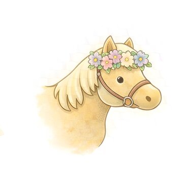 Niedlicher Ponykopf mit blonder M&auml;hne und romantischer Blumenkrone