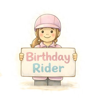 Niedliches Reiterm&auml;dchen mit Geburtstagsschild Birthday Rider in Pastellfarben