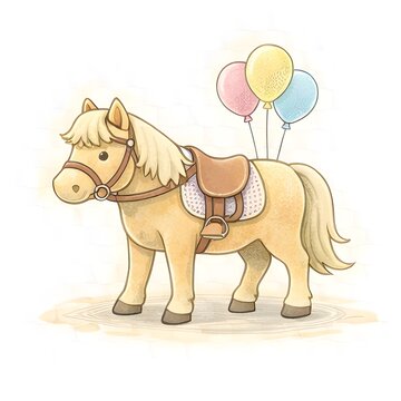 Niedliches gesatteltes Pony mit bunten Luftballons f&uuml;r einen Kindergeburtstag
