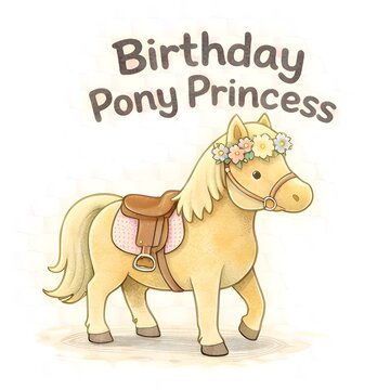 Niedliches Geburtstagspferd als Ponyprinzessin mit Sattel und Blumenkrone