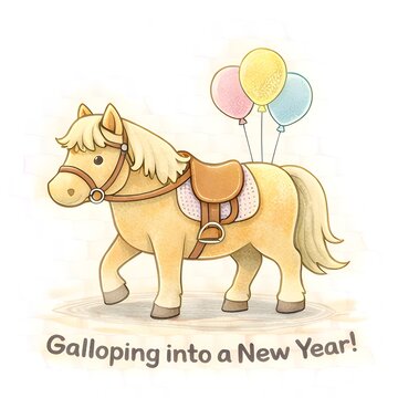 Niedliches Pony mit Sattel und bunten Luftballons als Kindergeburtstag Illustration
