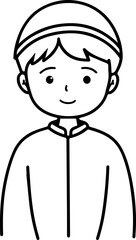 Smiling boy wearing traditional Muslim cap and kurta Black and white vector illustration
