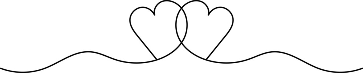 Banner of two linear hearts together - Pair of two decorative hearts formed by thin line, isolated on transparent background.