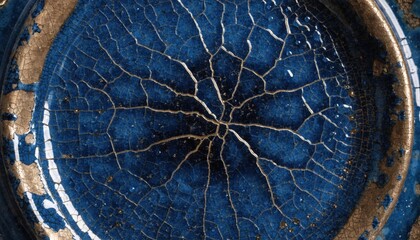 Craquelure effect: a network of fine cracks on a dark blue enamel surface, revealing a bronze underlayer. A texture that simulates aging for a vintage design.