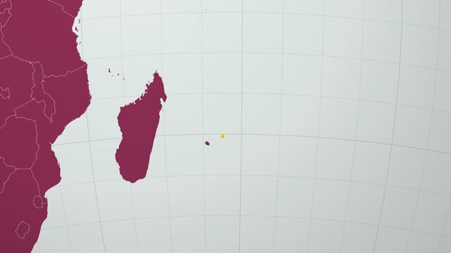 Mauritius map. Animated zoom into the country on the Globe in Pale Mint Dark Pink color palette. Country logo animation with round text and airplanes. Map with meridians, parallels. Creative video.