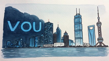 Ultra-cyberpunk, blue-black, fountain pen watercolor, minimalist caricature, Phoenician art