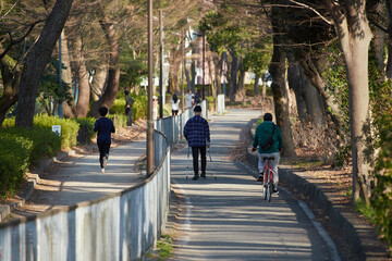 春の名城公園でランニングする人と散歩するシニア男性の姿
