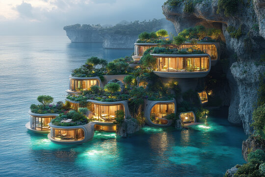 A floating house in the ocean.