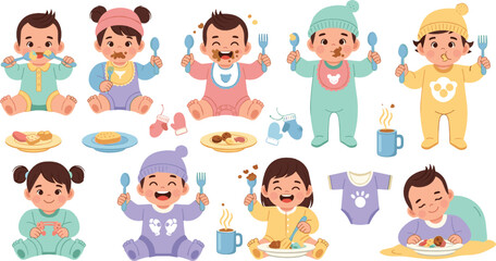 Fototapeta premium Cute baby eating food with spoon and fork, happy infant mealtime scenes, baby feeding and nutrition concept, colorful flat vector illustration set
