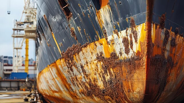 A close-up view of a rusty ship hull in a dockyard with a crane in the background